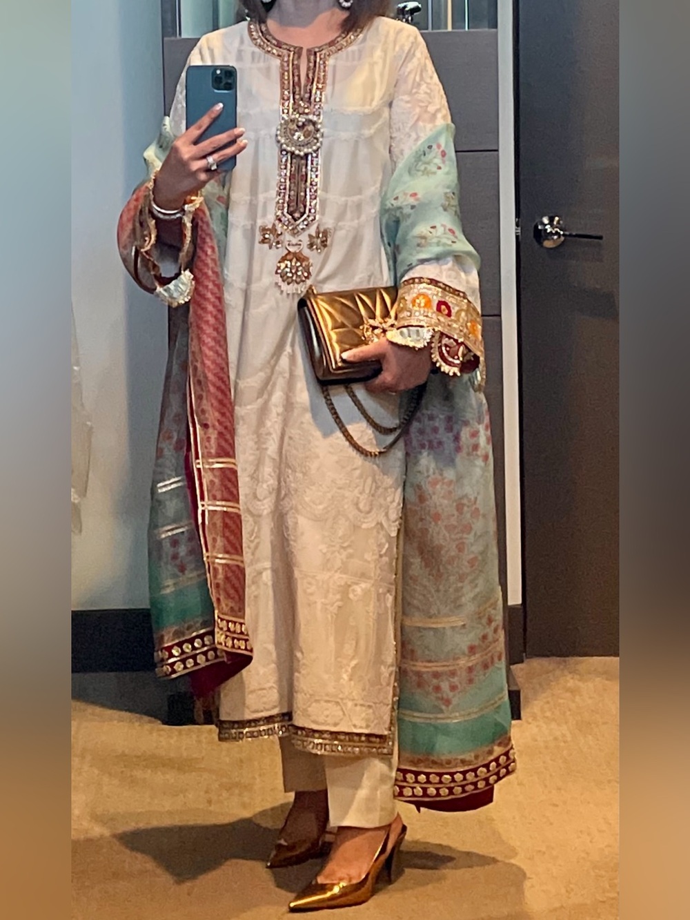 White Embroidered Long Sleeve Women's Dress with Pastel Shawl